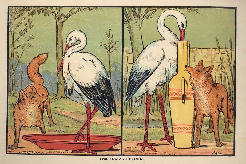 Victorian style image of the fox and the stork fable.