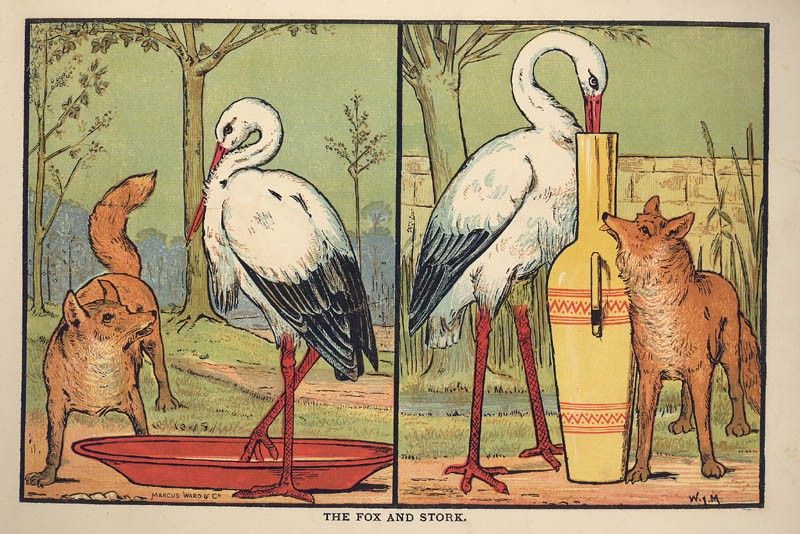 Victorian style image of the fox and the stork fable.